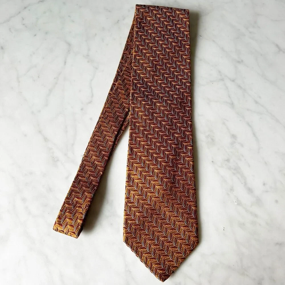 Ike Behar New York Neck Tie Silk Hand Tailored Geometric Dark Gold Red Blue